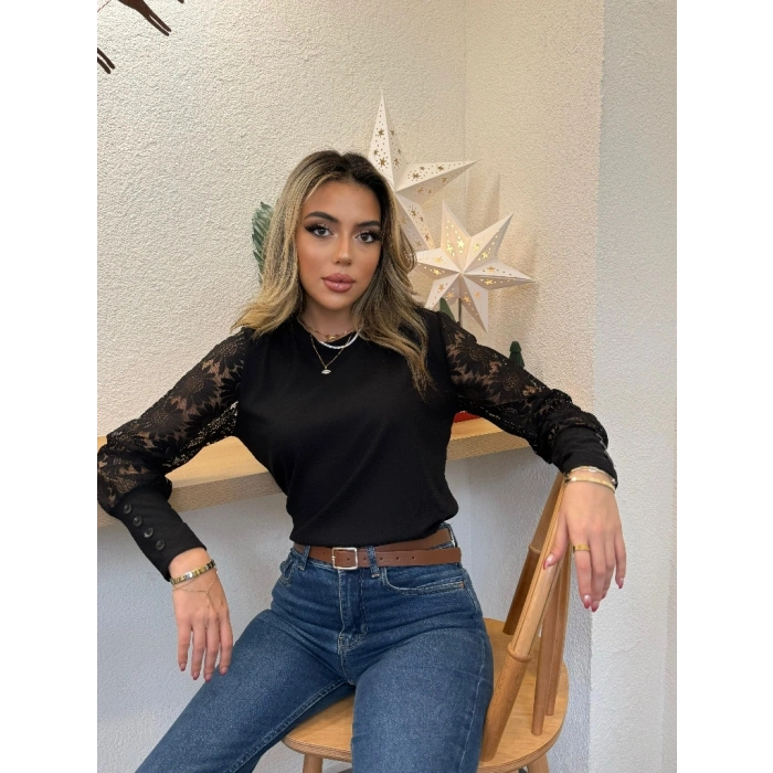 MARSiLYAN- Kadın Uzun Kollu Bisiklet Yaka Kolları çiçekli Waffle Bluz