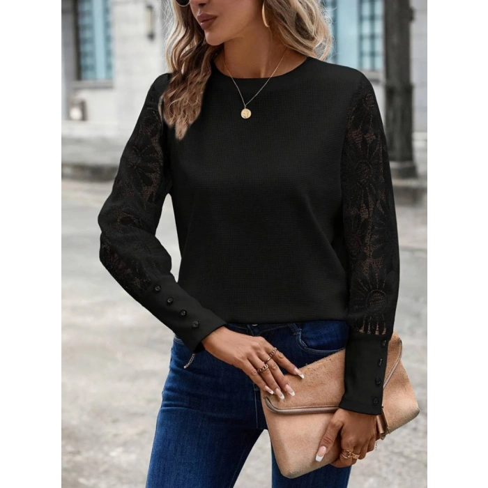 MARSiLYAN- Kadın Uzun Kollu Bisiklet Yaka Kolları çiçekli Waffle Bluz