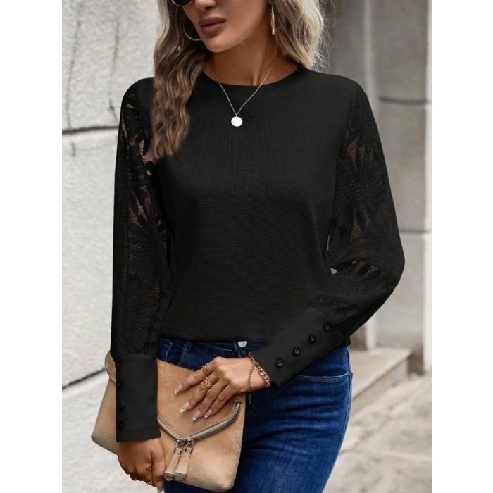 MARSiLYAN- Kadın Uzun Kollu Bisiklet Yaka Kolları çiçekli Waffle Bluz