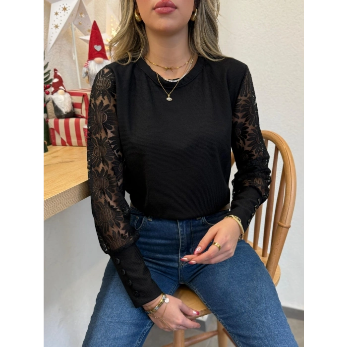 MARSiLYAN- Kadın Uzun Kollu Bisiklet Yaka Kolları çiçekli Waffle Bluz