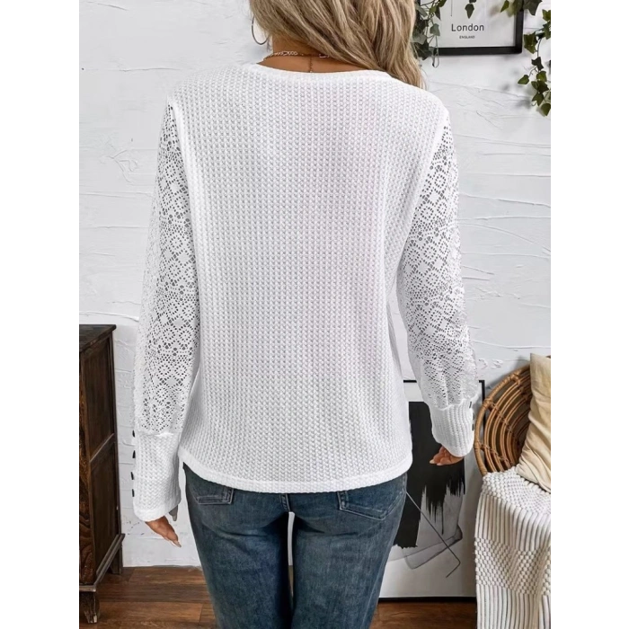 MARSiLYAN- Kadın Uzun Kollu Bisiklet Yaka Kolları Tüllü Waffle Bluz