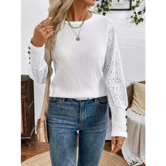 MARSiLYAN- Kadın Uzun Kollu Bisiklet Yaka Kolları Tüllü Waffle Bluz
