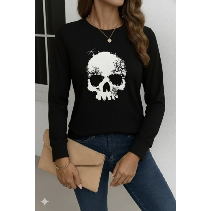 MARSiLYAN- Kadın Uzun Kollu Bisiklet Yaka Kurukafa Desenli Viskon Bluz