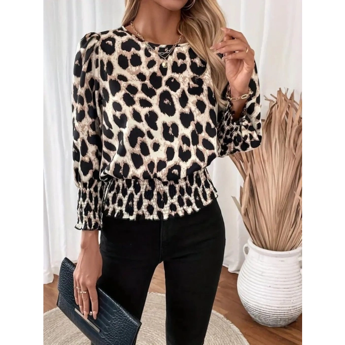 MARSiLYAN- Kadın Uzun Kollu Bisiklet Yaka Leopar Desenli Modal Bluz