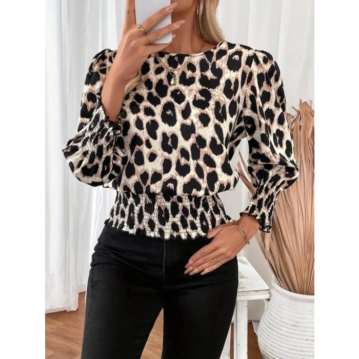 MARSiLYAN- Kadın Uzun Kollu Bisiklet Yaka Leopar Desenli Modal Bluz