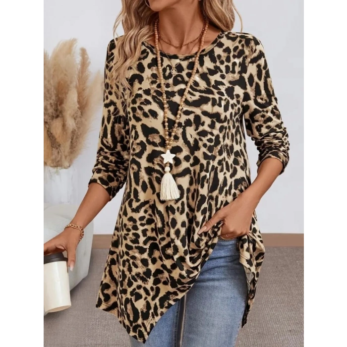 MARSiLYAN- Kadın Uzun Kollu Bisiklet Yaka Leopar Desenli Süprem Bluz