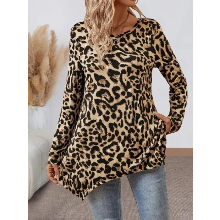 MARSiLYAN- Kadın Uzun Kollu Bisiklet Yaka Leopar Desenli Süprem Bluz