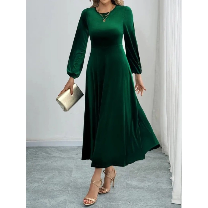 MARSiLYAN- Kadın Uzun Kollu Bisiklet Yaka Midi Kadife Elbise