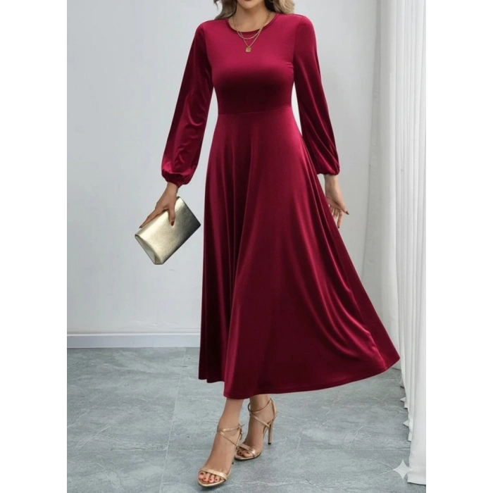 MARSiLYAN- Kadın Uzun Kollu Bisiklet Yaka Midi Kadife Elbise