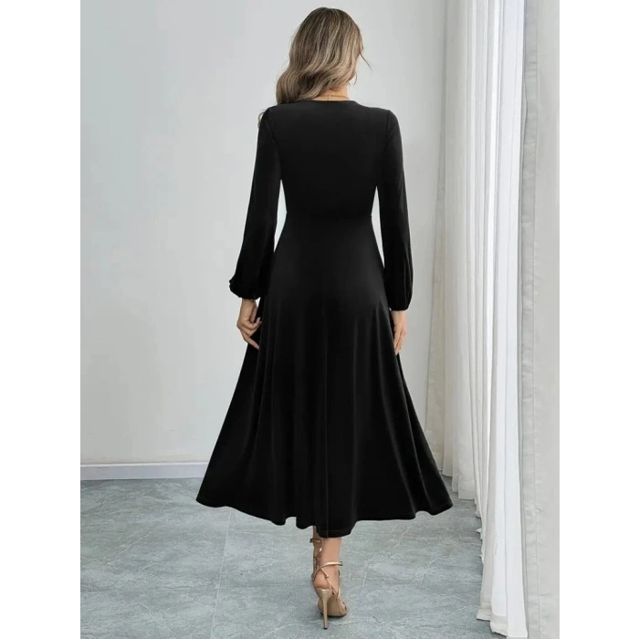 MARSiLYAN- Kadın Uzun Kollu Bisiklet Yaka Midi Kadife Elbise