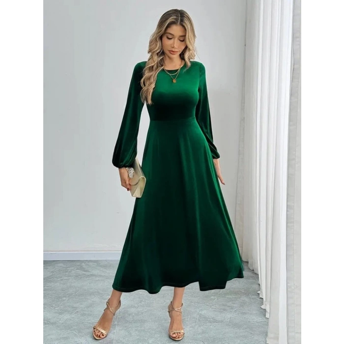 MARSiLYAN- Kadın Uzun Kollu Bisiklet Yaka Midi Kadife Elbise