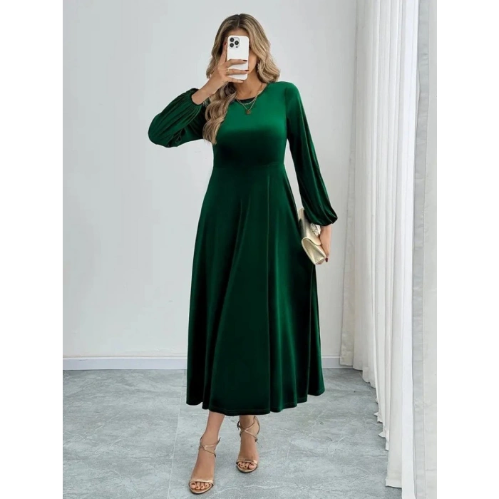 MARSiLYAN- Kadın Uzun Kollu Bisiklet Yaka Midi Kadife Elbise