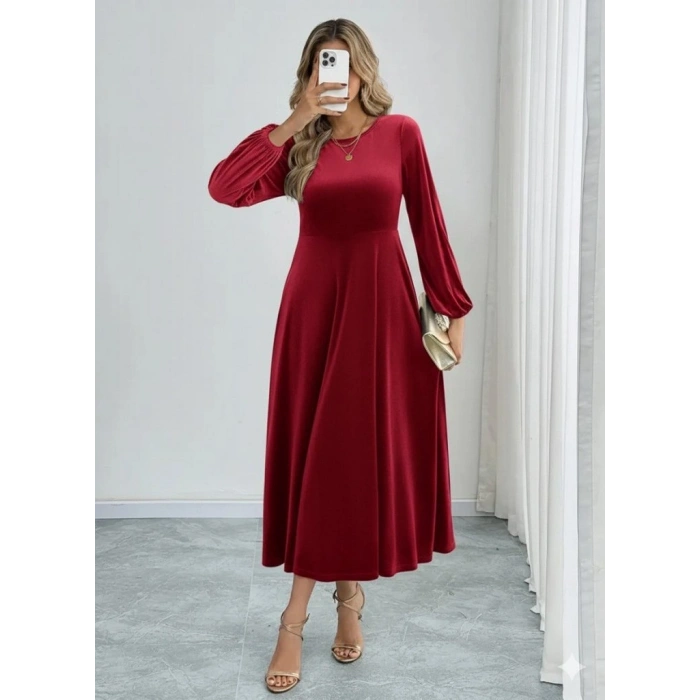 MARSiLYAN- Kadın Uzun Kollu Bisiklet Yaka Midi Kadife Elbise