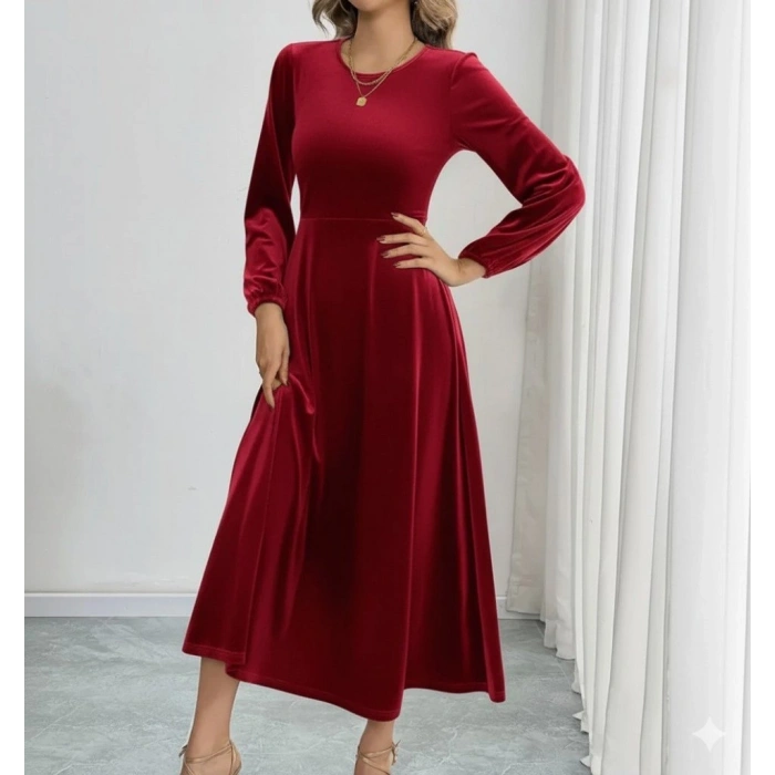 MARSiLYAN- Kadın Uzun Kollu Bisiklet Yaka Midi Kadife Elbise