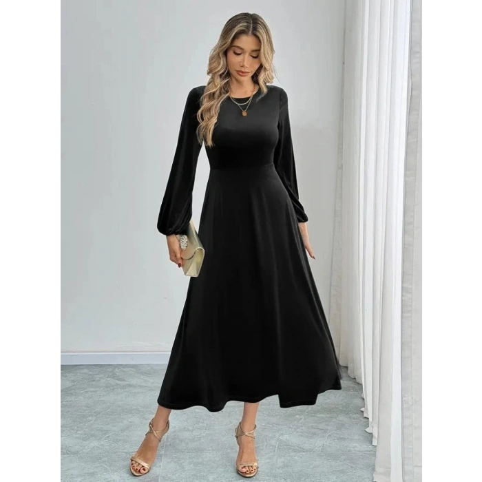 MARSiLYAN- Kadın Uzun Kollu Bisiklet Yaka Midi Kadife Elbise