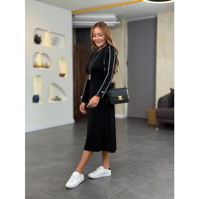 MARSiLYAN- Kadın Uzun Kollu Bisiklet Yaka Midi Modal Elbise