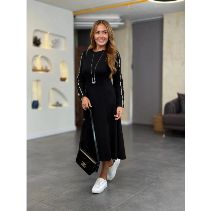MARSiLYAN- Kadın Uzun Kollu Bisiklet Yaka Midi Modal Elbise