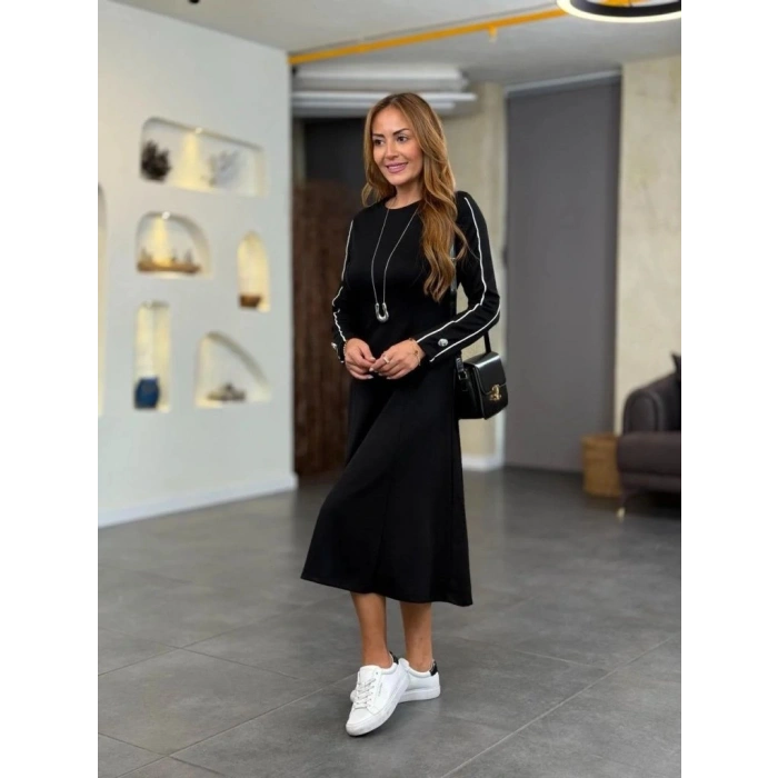 MARSiLYAN- Kadın Uzun Kollu Bisiklet Yaka Midi Modal Elbise