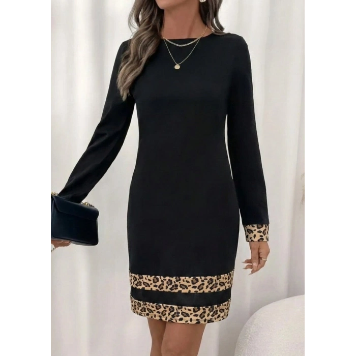 MARSiLYAN- Kadın Uzun Kollu Bisiklet Yaka Mini Ithal Krep Elbise