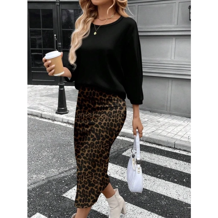 MARSiLYAN- Kadın Uzun Kollu Bisiklet Yaka Modal Bluz Ve Leopar Desenli Etek Ikili Takım