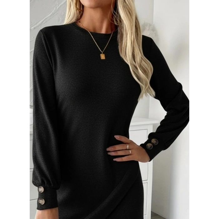 MARSiLYAN- Kadın Uzun Kollu Bisiklet Yaka önden Asimetrik Kesim Detaylı Mini Yumoş Elbise