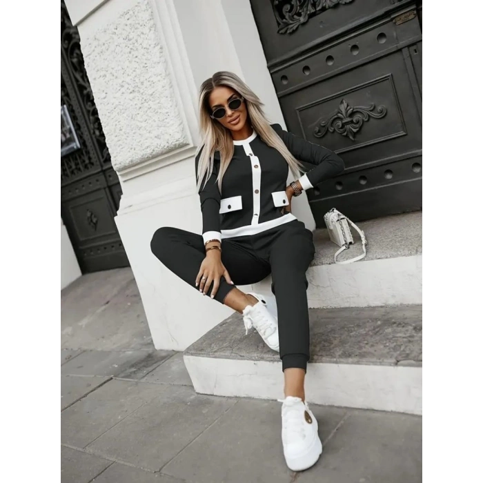 MARSiLYAN- Kadın Uzun Kollu Bisiklet Yaka önden Düğmeli şardonlu Kaşkorse Bluz Ve Pantolon Ikili Takım