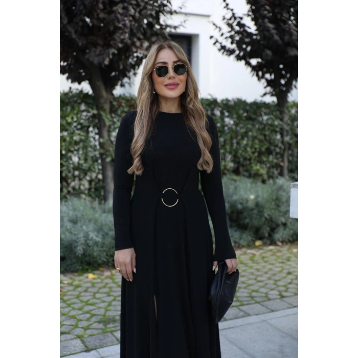 MARSiLYAN- Kadın Uzun Kollu Bisiklet Yaka önden Halka Detaylı Yırtmaçlı Uzun Viskon Iki Iplik Elbise