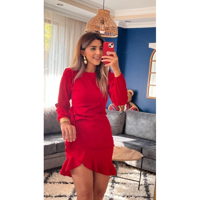 MARSiLYAN- Kadın Uzun Kollu Bisiklet Yaka önden Volanlı Ithal Krep Elbise