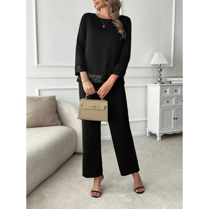 MARSiLYAN- Kadın Uzun Kollu Bisiklet Yaka Pulpayetli Viskon Iki Iplik Bluz Ve Pantolon Ikili Takım