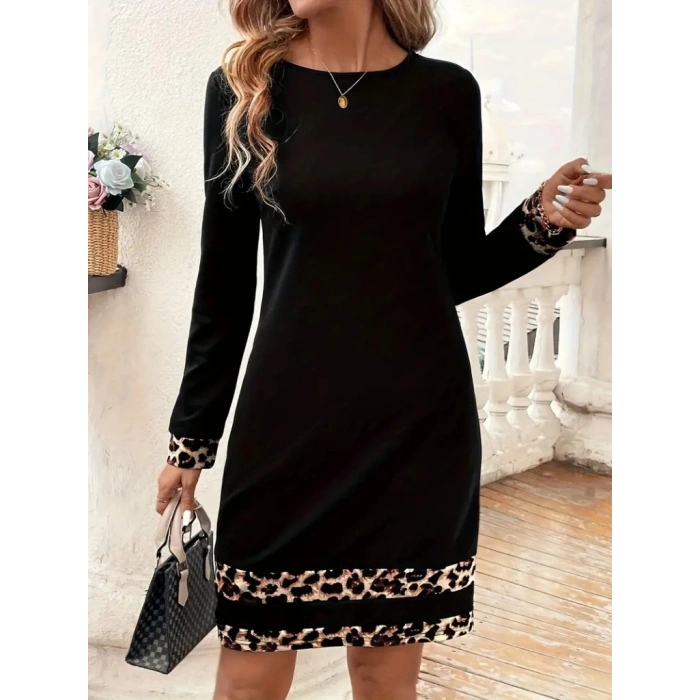 MARSiLYAN- Kadın Uzun Kollu Bisiklet Yaka şerit Leopar Desenli Kısa Dalgıç Elbise