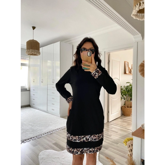MARSiLYAN- Kadın Uzun Kollu Bisiklet Yaka şerit Leopar Desenli Kısa Dalgıç Elbise