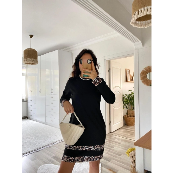 MARSiLYAN- Kadın Uzun Kollu Bisiklet Yaka şerit Leopar Desenli Kısa Dalgıç Elbise