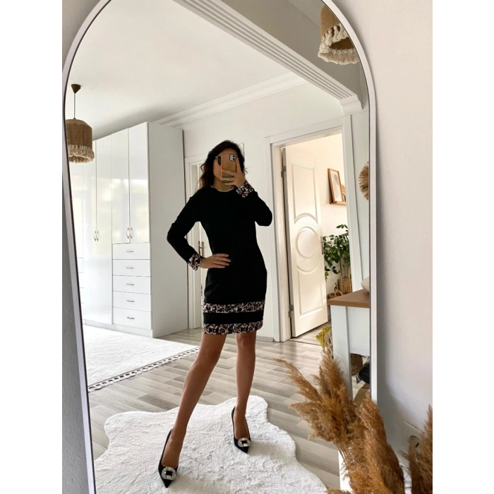 MARSiLYAN- Kadın Uzun Kollu Bisiklet Yaka şerit Leopar Desenli Kısa Dalgıç Elbise