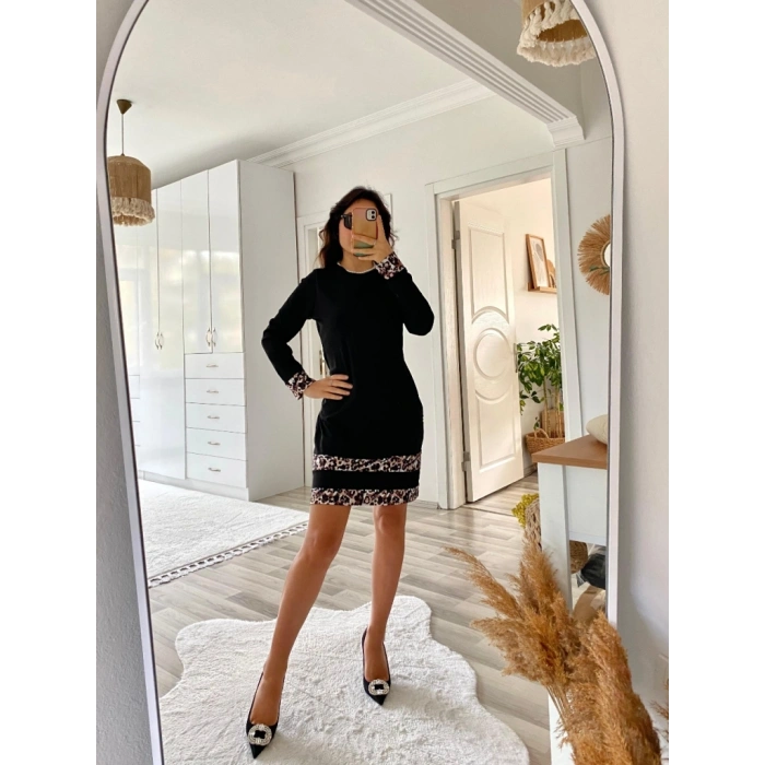 MARSiLYAN- Kadın Uzun Kollu Bisiklet Yaka şerit Leopar Desenli Kısa Dalgıç Elbise