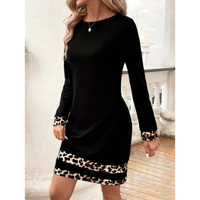 MARSiLYAN- Kadın Uzun Kollu Bisiklet Yaka şerit Leopar Desenli Kısa Dalgıç Elbise