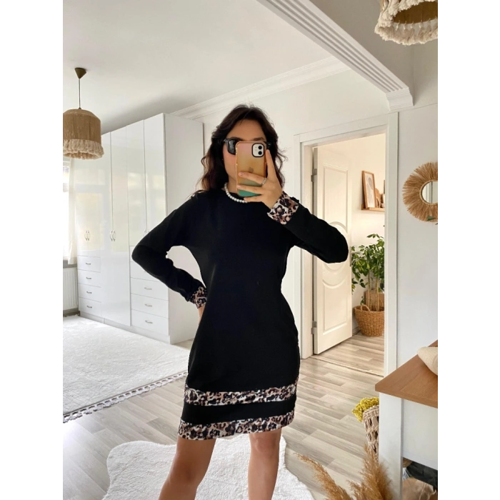 MARSiLYAN- Kadın Uzun Kollu Bisiklet Yaka şerit Leopar Desenli Kısa Dalgıç Elbise