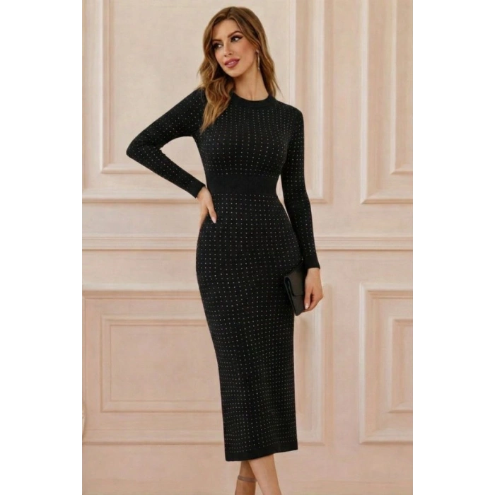 MARSiLYAN- Kadın Uzun Kollu Bisiklet Yaka Taşlı Midi Kadife Elbise