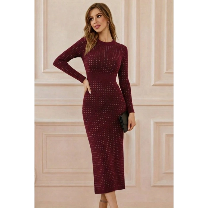 MARSiLYAN- Kadın Uzun Kollu Bisiklet Yaka Taşlı Midi Kadife Elbise