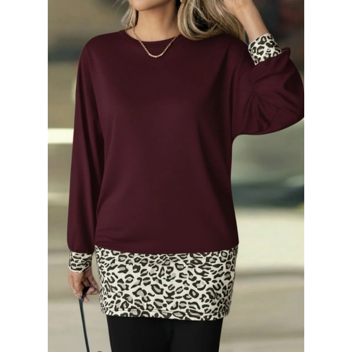 MARSiLYAN- Kadın Uzun Kollu Bisiklet Yaka üst Viskon Iki Iplik Alt Leopar Desenli Mini Elbise