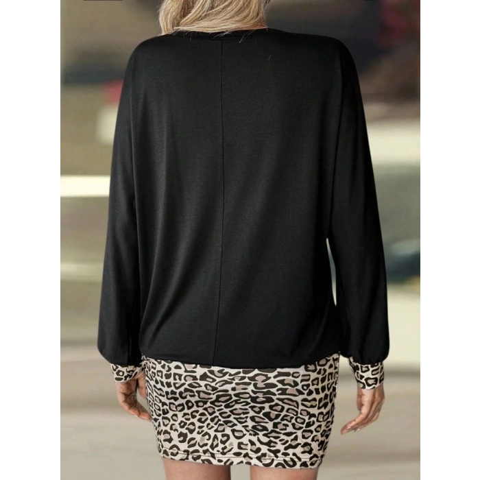 MARSiLYAN- Kadın Uzun Kollu Bisiklet Yaka üst Viskon Iki Iplik Alt Leopar Desenli Mini Elbise