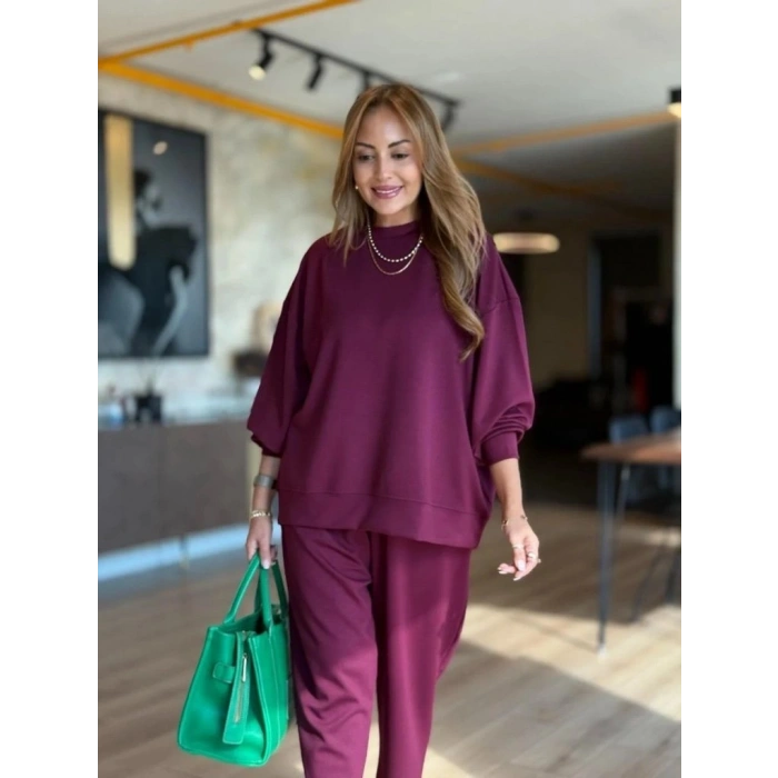 MARSiLYAN- Kadın Uzun Kollu Bisiklet Yaka Viskon Iki Iplik Mor Bluz Ve Pantolon Ikili Takım