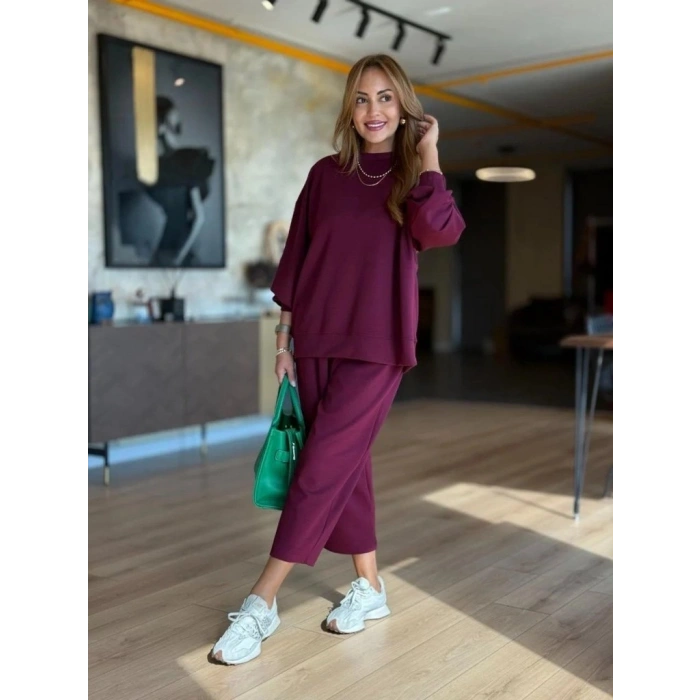 MARSiLYAN- Kadın Uzun Kollu Bisiklet Yaka Viskon Iki Iplik Mor Bluz Ve Pantolon Ikili Takım