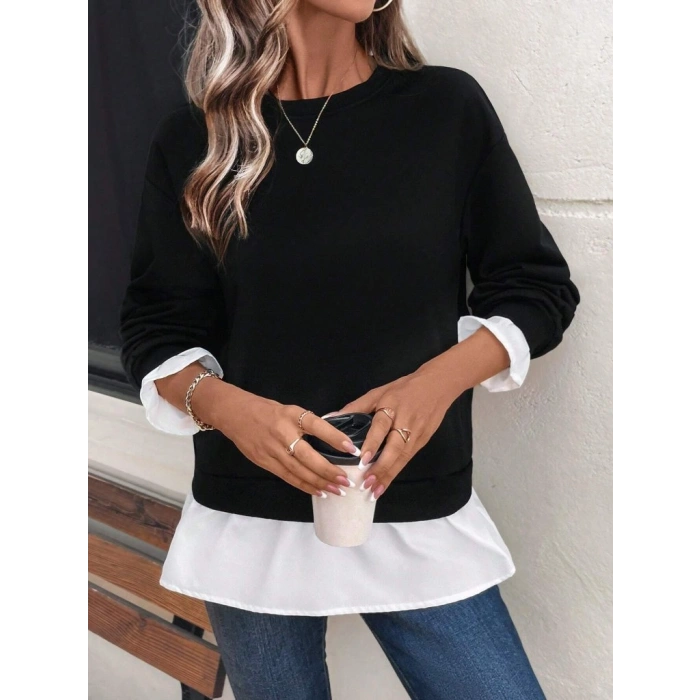 MARSiLYAN- Kadın Uzun Kollu Bisiklet Yaka Viskon Iki Iplik Ve Etek Ucu Trikoton Bluz