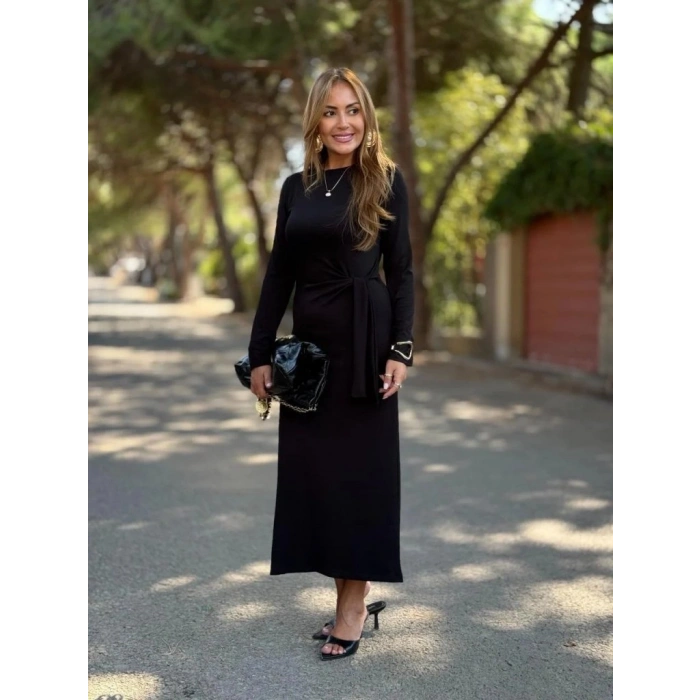 MARSiLYAN- Kadın Uzun Kollu Bisiklet Yaka Yandan Bağlamalı Uzun Modal Elbise