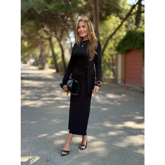 MARSiLYAN- Kadın Uzun Kollu Bisiklet Yaka Yandan Bağlamalı Uzun Modal Elbise