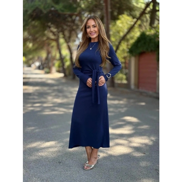 MARSiLYAN- Kadın Uzun Kollu Bisiklet Yaka Yandan Bağlamalı Uzun Modal Elbise