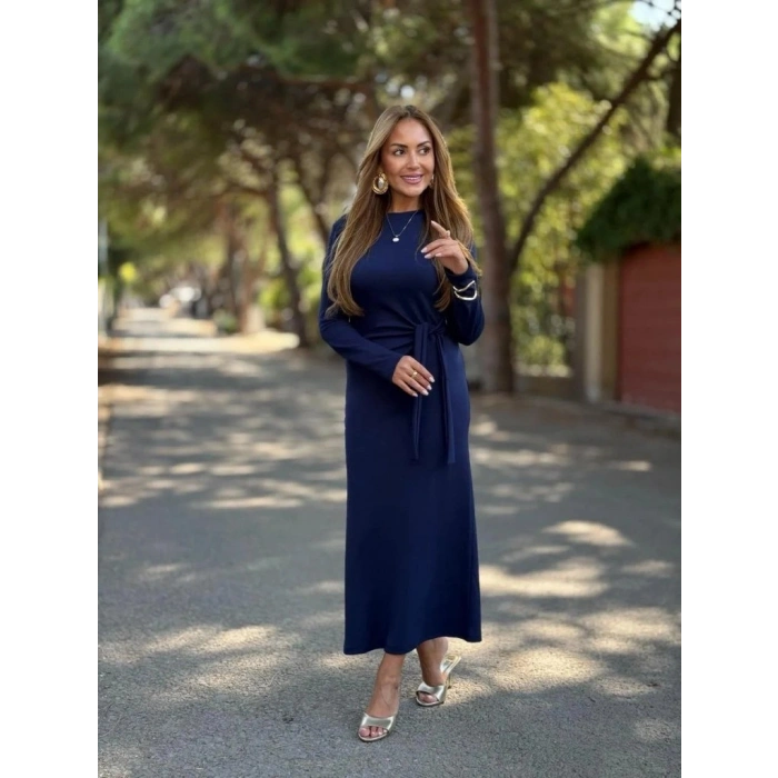 MARSiLYAN- Kadın Uzun Kollu Bisiklet Yaka Yandan Bağlamalı Uzun Modal Elbise