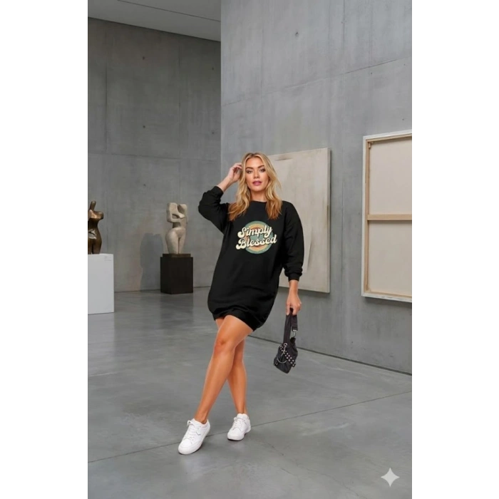 MARSiLYAN- Kadın Uzun Kollu Bisiklet Yaka Yazılı Viskon Iki Iplik Elbise