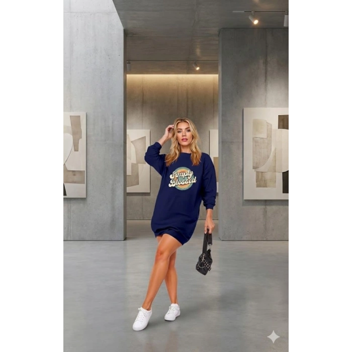 MARSiLYAN- Kadın Uzun Kollu Bisiklet Yaka Yazılı Viskon Iki Iplik Elbise