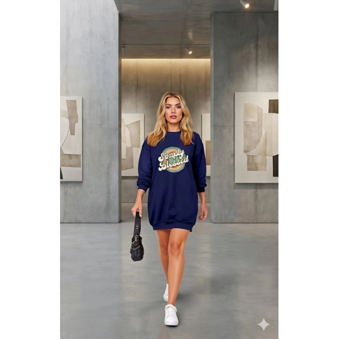 MARSiLYAN- Kadın Uzun Kollu Bisiklet Yaka Yazılı Viskon Iki Iplik Elbise